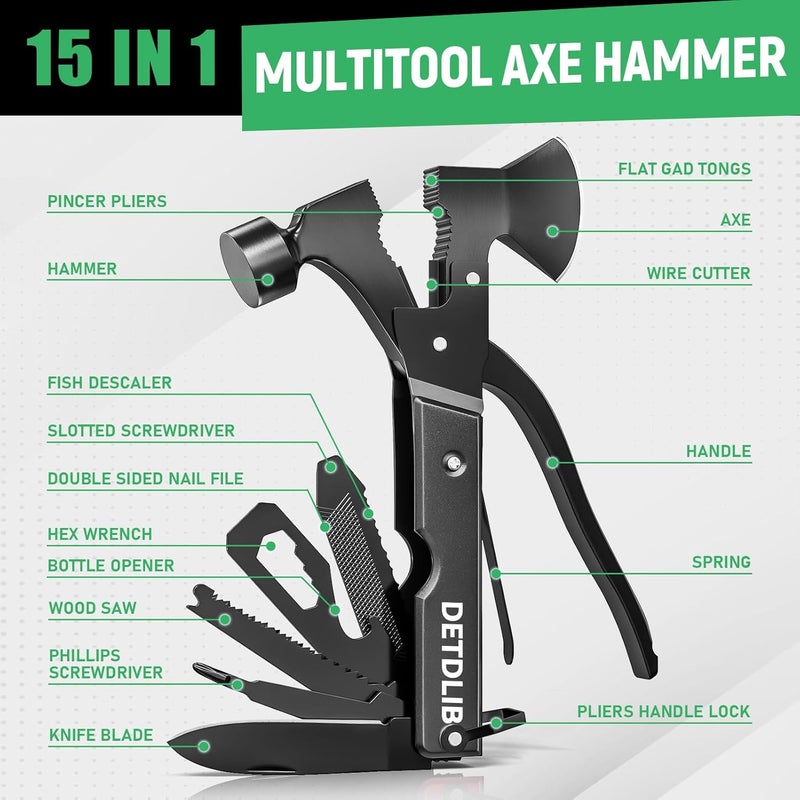 DETDLIB 15-in-1 Multitool Axe Hatchet, Birthday Gifts for Men, Essential for Camping, Hiking, Cool Gadget Valentines Day Gifts for Him, Men, Husband, Dad, Father, Mechanic, Women, Black - Image 2